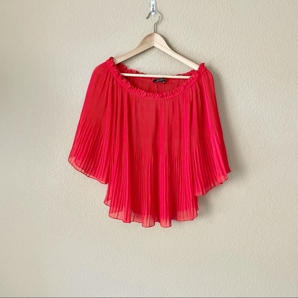 Zara Pleated Red Off-Shoulder Sheer Top Stretch - Picture 4 of 6